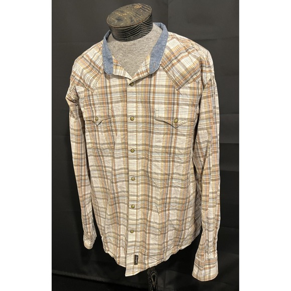 Wrangler Retro Shirt Mens 2XL Brown Blue Plaid Western Snap Denim Collar - Picture 3 of 9